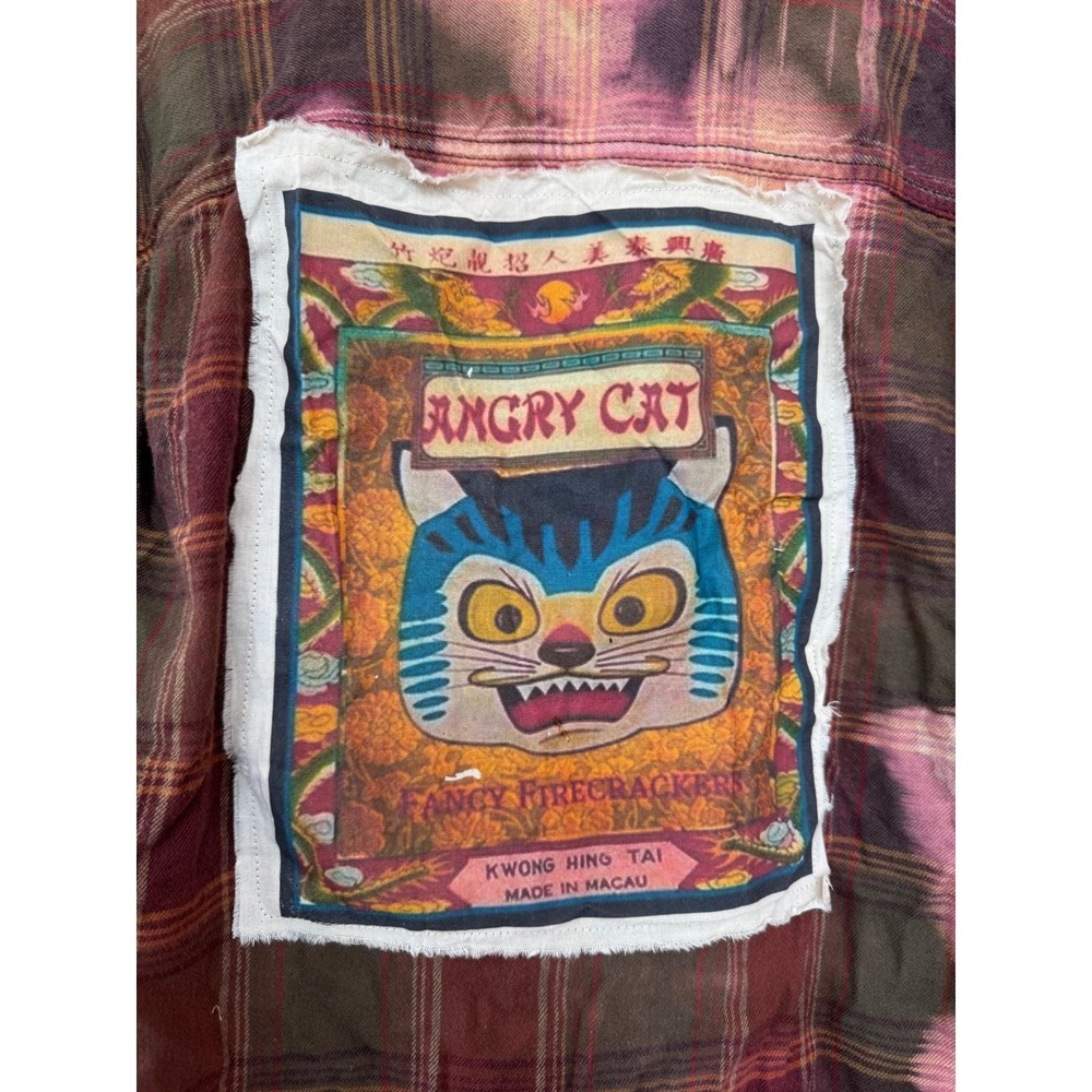 Upcycled Flannel Shirt Angry Cat Patch Grunge‎ Art Large